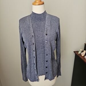 Kasper Silk Metallic Ribbed Knit Twin Set Cardigan Tank PL